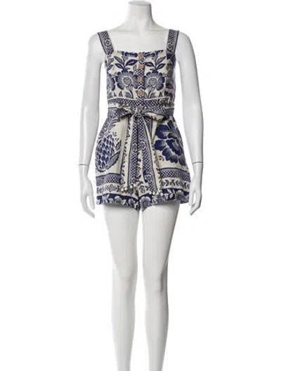 Pre-owned Farm Rio Floral Print Square Neckline Romper In Blue/neutrals