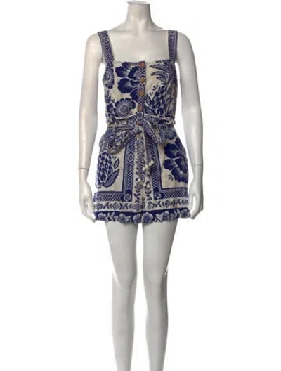 Pre-owned Farm Rio Floral Print Square Neckline Romper In Blue/neutrals