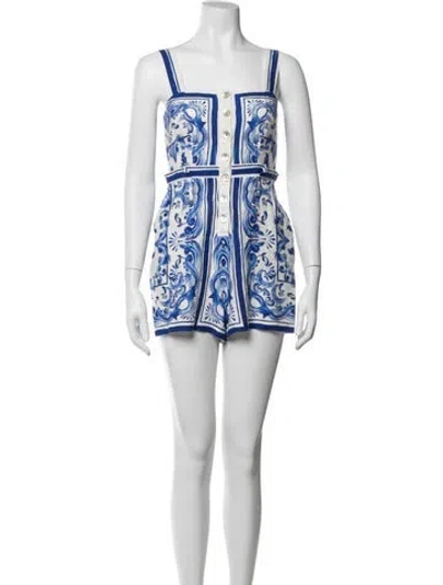 Pre-owned Farm Rio Floral Print Square Neckline Romper In Blue/white