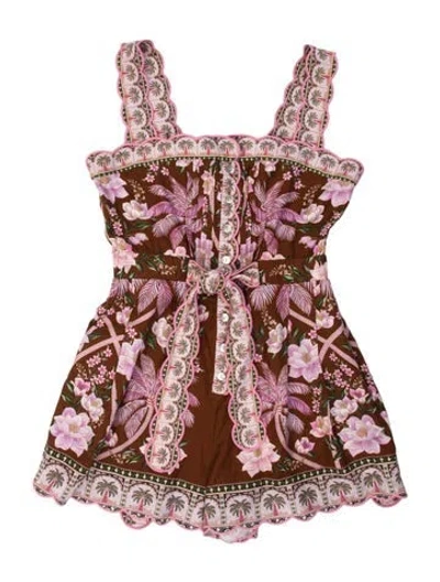 Pre-owned Farm Rio Floral Print Square Neckline Romper In Brown