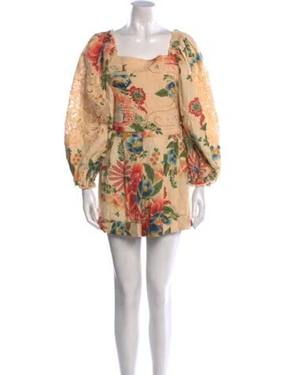Pre-owned Farm Rio Floral Print Square Neckline Romper In Green
