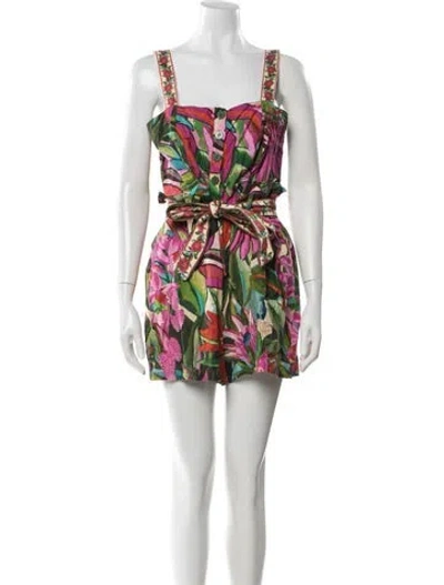 Pre-owned Farm Rio Floral Print Square Neckline Romper In Green