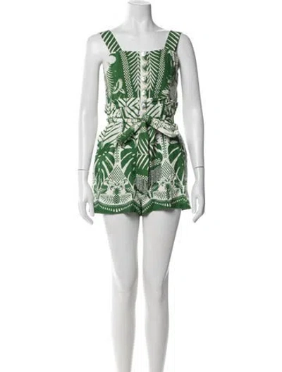 Pre-owned Farm Rio Floral Print Square Neckline Romper In Green