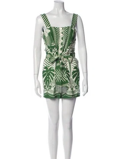Pre-owned Farm Rio Floral Print Square Neckline Romper In Green