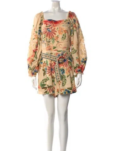 Pre-owned Farm Rio Floral Print Square Neckline Romper In Green