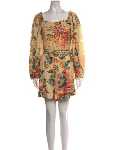 Pre-owned Farm Rio Floral Print Square Neckline Romper In Green