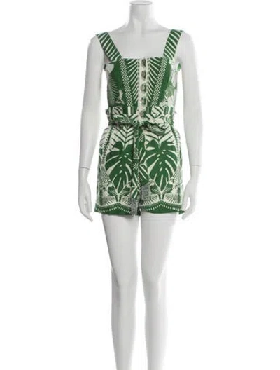Pre-owned Farm Rio Floral Print Square Neckline Romper In Green