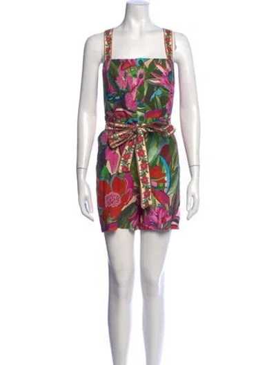 Pre-owned Farm Rio Floral Print Square Neckline Romper In Green