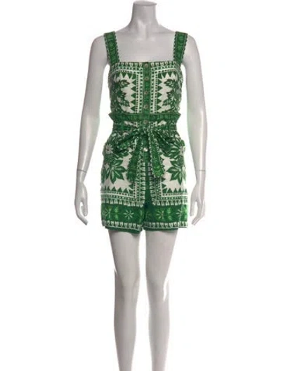 Pre-owned Farm Rio Floral Print Square Neckline Romper In Green