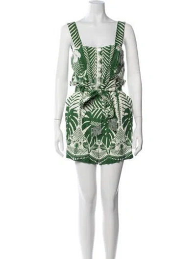 Pre-owned Farm Rio Floral Print Square Neckline Romper In Green