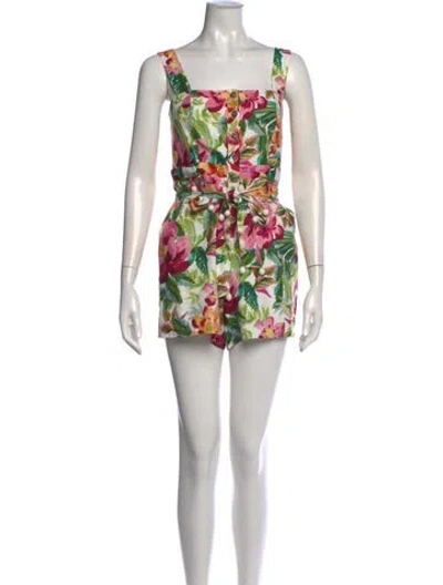 Pre-owned Farm Rio Floral Print Square Neckline Romper In Neutral