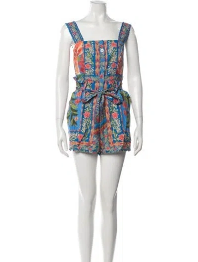 Pre-owned Farm Rio Floral Print Square Neckline Romper In Neutral