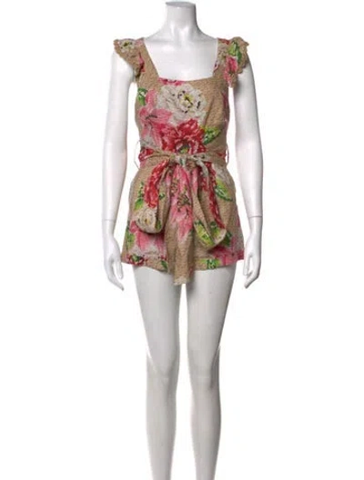 Pre-owned Farm Rio Floral Print Square Neckline Romper In Neutrals
