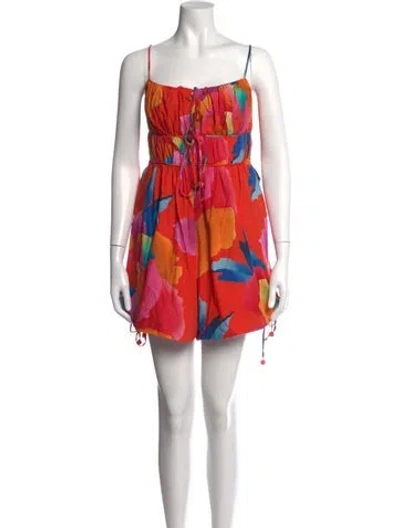 Pre-owned Farm Rio Floral Print Square Neckline Romper In Orange/red
