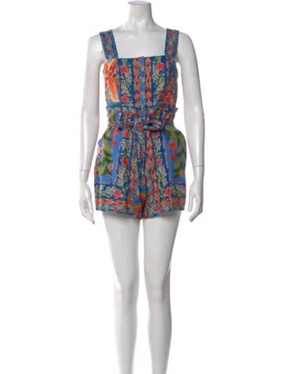 Pre-owned Farm Rio Floral Print Square Neckline Romper In Pink