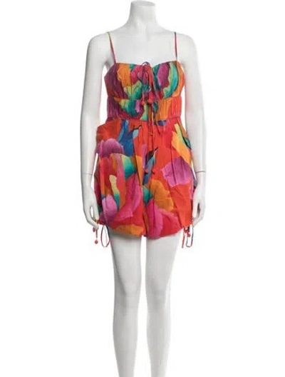 Pre-owned Farm Rio Floral Print Square Neckline Romper In Pink