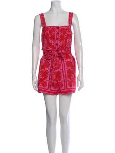 Pre-owned Farm Rio Floral Print Square Neckline Romper In Red