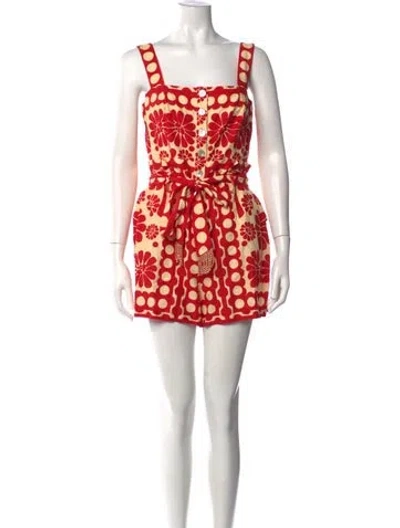 Pre-owned Farm Rio Floral Print Square Neckline Romper In Red