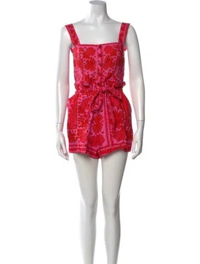 Pre-owned Farm Rio Floral Print Square Neckline Romper In Red