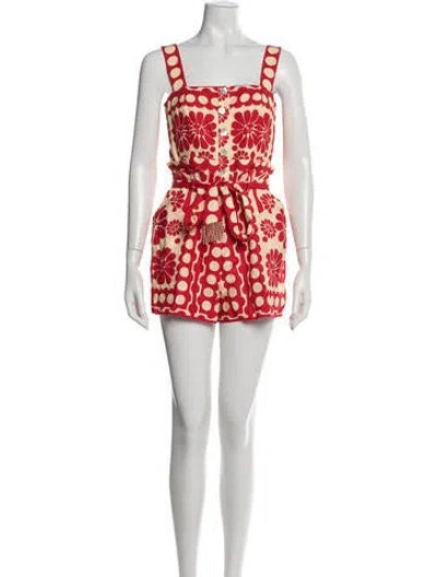 Pre-owned Farm Rio Floral Print Square Neckline Romper In Red