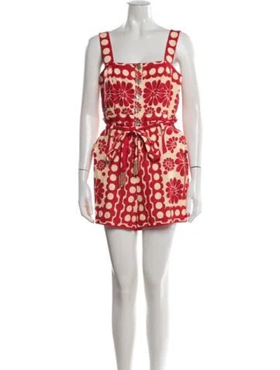 Pre-owned Farm Rio Floral Print Square Neckline Romper In Red