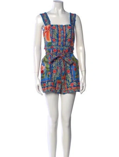 Pre-owned Farm Rio Floral Print Square Neckline Romper W/ Tags
