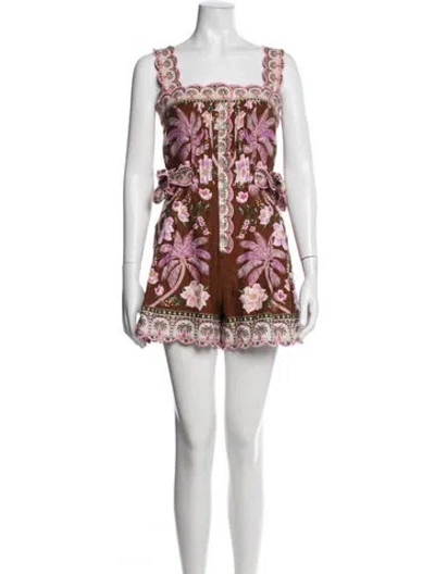 Pre-owned Farm Rio Floral Print Square Neckline Romper W/ Tags In Blue