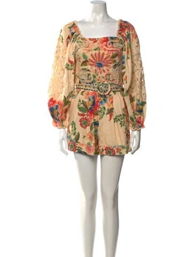 Pre-owned Farm Rio Floral Print Square Neckline Romper W/ Tags In Green