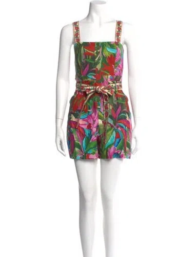 Pre-owned Farm Rio Floral Print Square Neckline Romper W/ Tags In Neutral