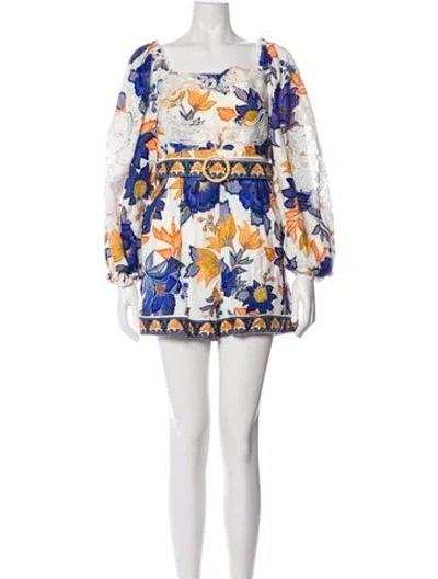 Pre-owned Farm Rio Floral Print Square Neckline Romper In White