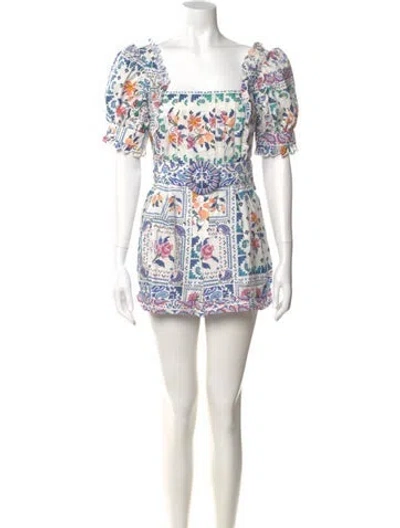 Pre-owned Farm Rio Floral Print Square Neckline Romper In White
