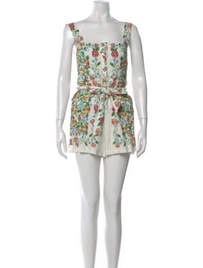Pre-owned Farm Rio Floral Print Square Neckline Romper In White