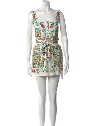 Pre-owned Farm Rio Floral Print Square Neckline Romper In White