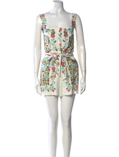 Pre-owned Farm Rio Floral Print Square Neckline Romper In White