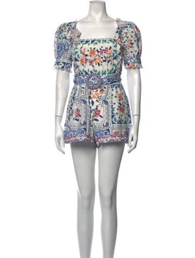 Pre-owned Farm Rio Floral Print Square Neckline Romper In White