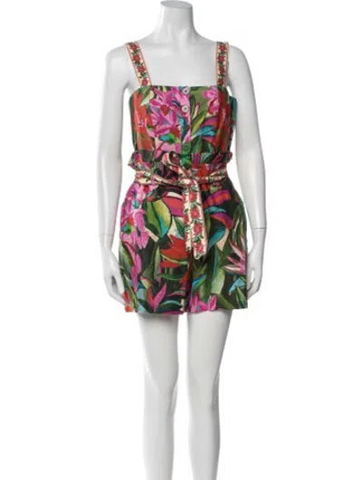 Pre-owned Farm Rio Floral Print Square Neckline Romper In White