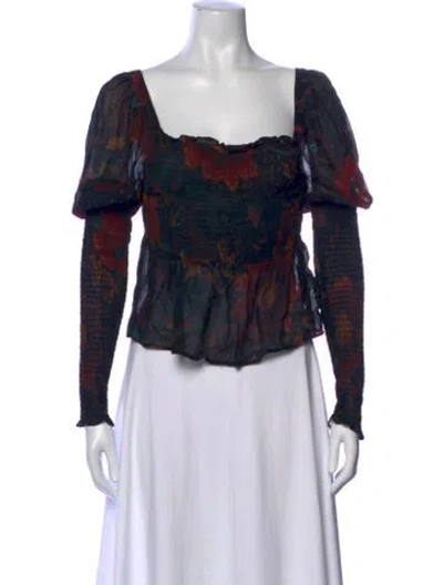 Pre-owned Farm Rio Floral Print Square Neckline Top In Black
