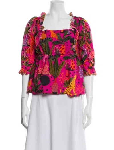 Pre-owned Farm Rio Floral Print Square Neckline Top In Pink