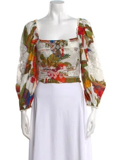 Pre-owned Farm Rio Floral Print Square Neckline Top In White