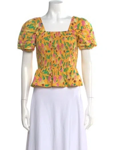 Pre-owned Farm Rio Floral Print Square Neckline Top In Yellow