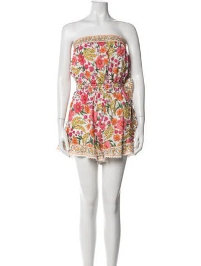 Pre-owned Farm Rio Floral Print Strapless Romper In White