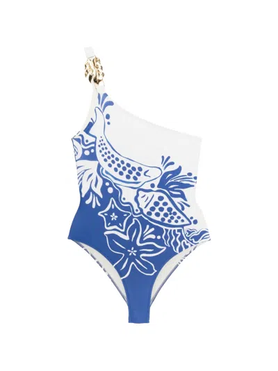 Farm Rio Floral-print Swimsuit In Blue
