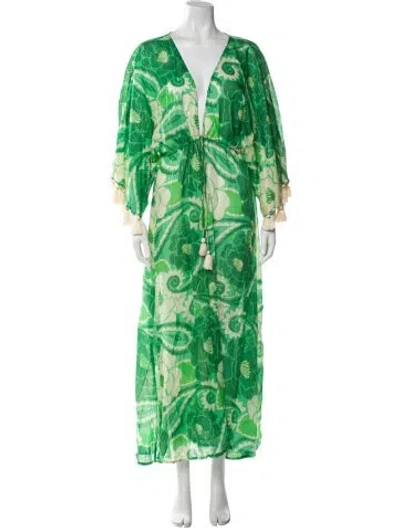 Pre-owned Farm Rio Floral Print Tassel Accents Robe In Green