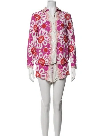 Pre-owned Farm Rio Floral Print Tassel Accents Short Set In Pink
