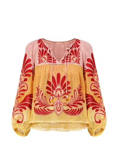 Farm Rio Floral Print Tie Blouse In Yellow