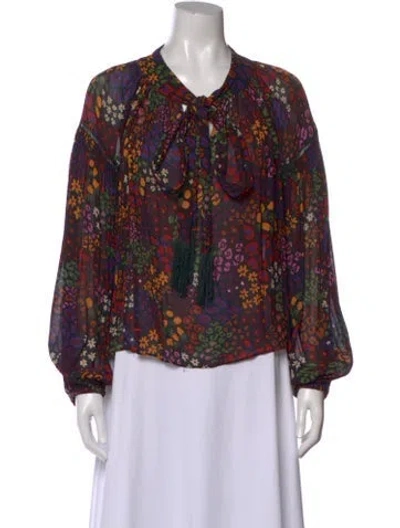 Pre-owned Farm Rio Floral Print Tie Neck Blouse In Black