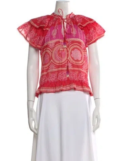 Pre-owned Farm Rio Floral Print Tie Neck Blouse In Red