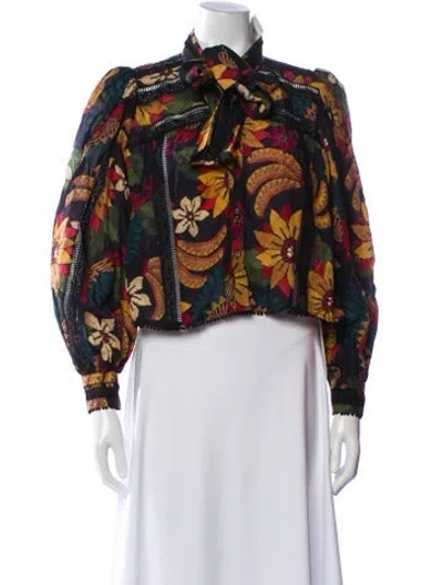 Pre-owned Farm Rio Floral Print Tie Neck Blouse W/ Tags In Black