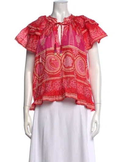 Pre-owned Farm Rio Floral Print Tie Neck Blouse W/ Tags In Red