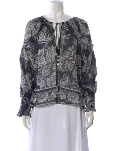 Pre-owned Farm Rio Floral Print Tie Neck Blouse In White